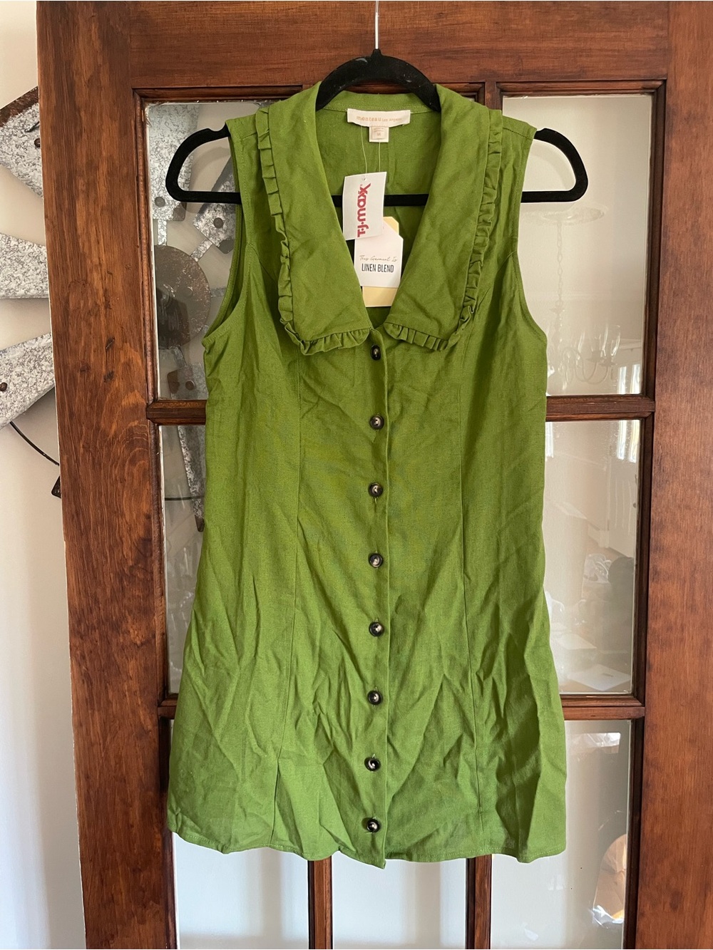 Monteau Sleeveless Ruffle-Collar Button-Front Mini Dress - Green